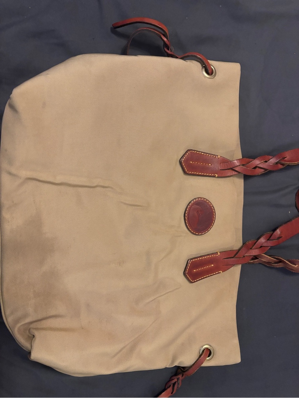Leather-Trim Beige Tote Bag with Braided Handles